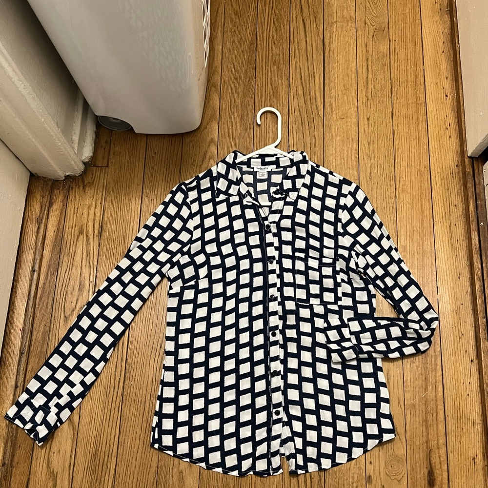 Splendid White and Navy Plaid Long Sleeve Blouse